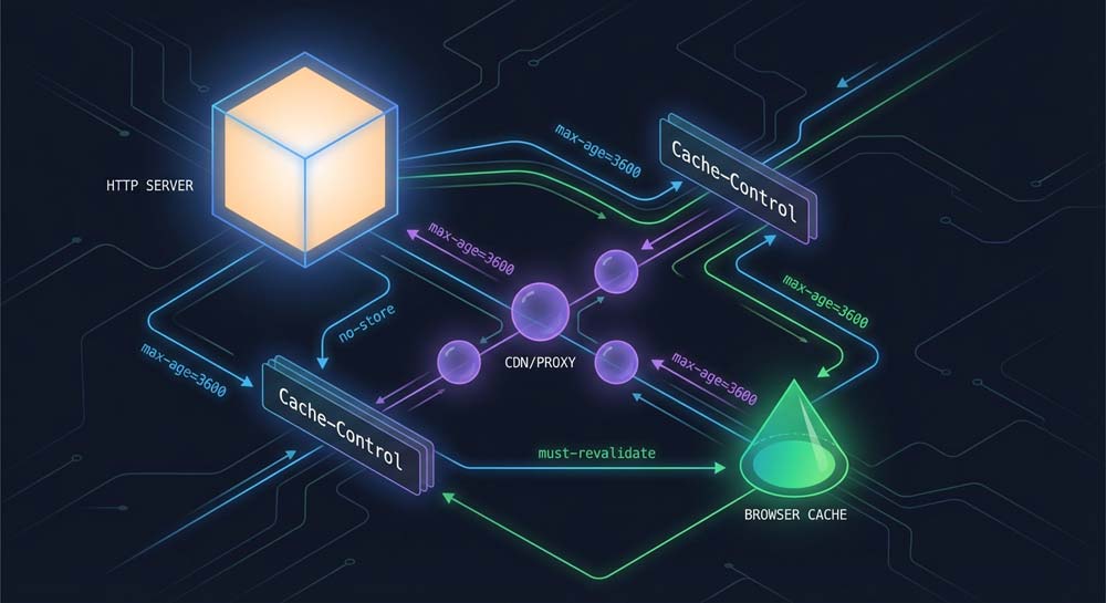 Infografika przedstawiająca zasadę działania dyrektywy cache control